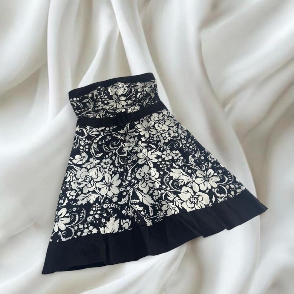 B smart black white floral graphic strapless dress Y2K vintage fairy boho